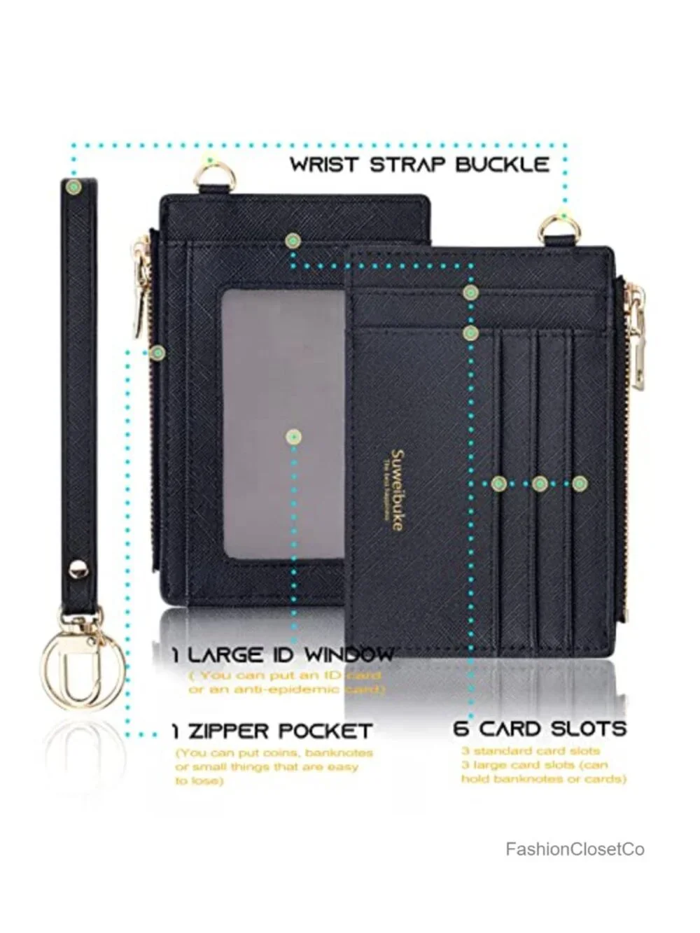 Slim RFID Blocking Leather Zip Wristlet Card Case Wallet with Keychain